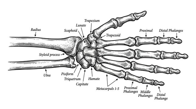 Anatomical Illustration of Human Hand Skeleton with Labels