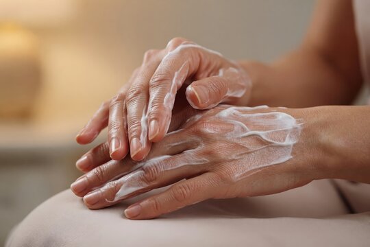 Woman applying moisturizing cream to hand. Skin care routine for dry skin relief. Autoimmune health condition symptom management and cosmetic treatment for healthy body hydration.