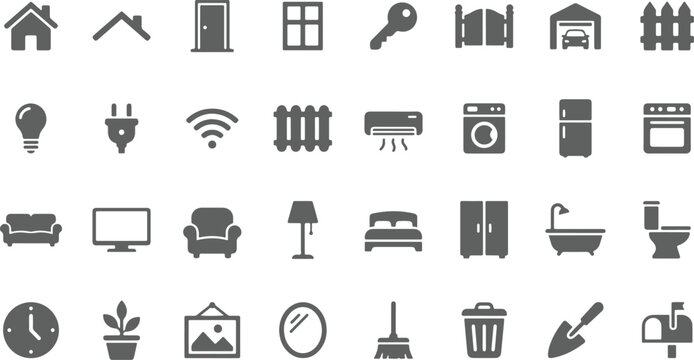 Collection of diverse home and office icons in monochrome with monochrome
