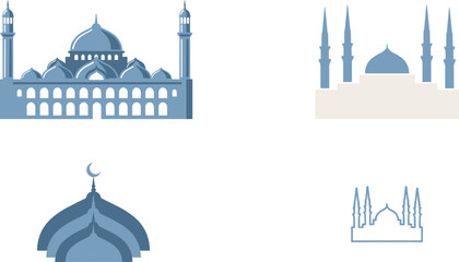 Islamic Blue Mosque Architecture Icon Set with Domes Minarets and Crescent Moon Symbols for Ramadan Eid Celebration and Turkish Culture Graphic Designs © MbBasir