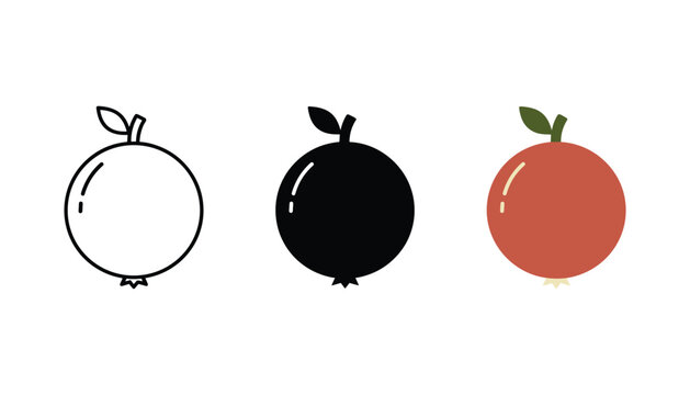 Pomegranate fruit icon set featuring outline solid black and flat red color versions for healthy food and nature themes