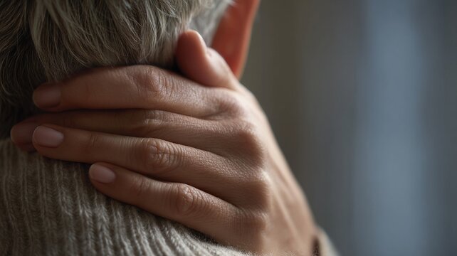 Woman suffering from neck pain and muscle strain. Close-up of girl touching sore neck area. Chronic fatigue and exhaustion during postpartum period. Hormonal imbalance and stress health.