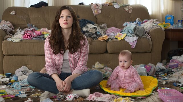 Woman sitting on floor with baby in messy room. Mother feeling overwhelmed by housework and childcare. Postpartum depression and stress, parenting challenge and exhaustion concept.