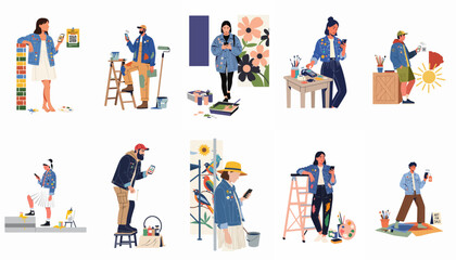 Fototapeta premium Diverse group of modern street artists and muralists using smartphones for digital payments and business management while working on creative art projects.
