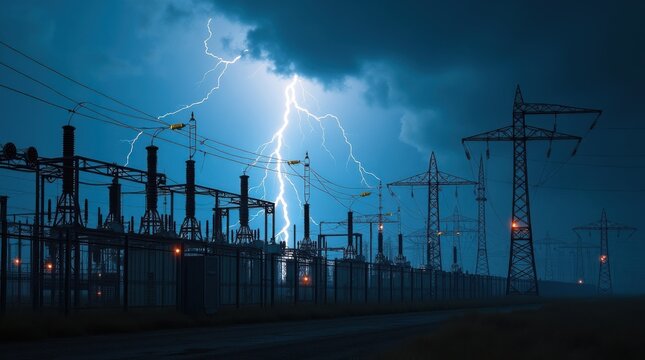 Subestaci&oacute;n el&eacute;ctrica rodeada de una intensa actividad de rayos