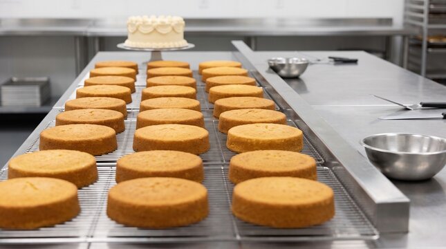 Undecorated sponge cakes cooling in bakery, organized batch production with finished cake in background