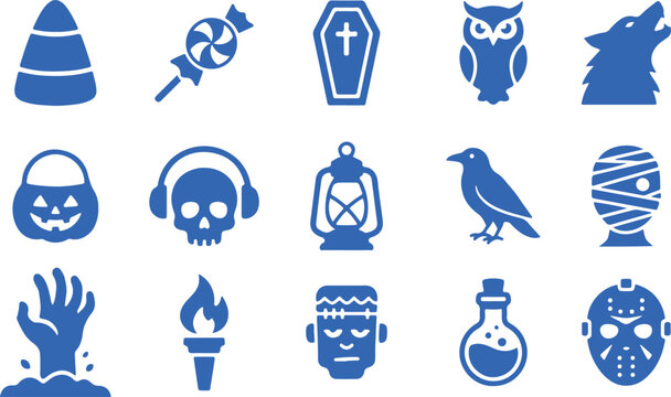 Halloween icons set with witch hat dagger coffin owl ghost hand torch mummy