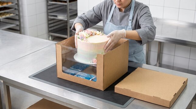 Cake transport preparation, bakery worker securing tall dessert in plain box with non-slip mat
