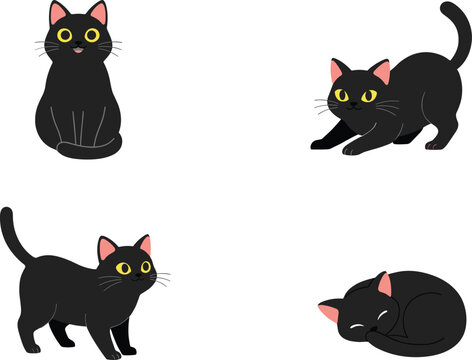 Cute Black Cat Cartoon Character Mascot Set Showing Various Poses Including Sitting Stretching Walking and Sleeping for Halloween and Pet Lover Graphic Designs