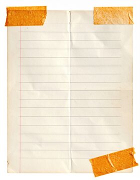Aged, creased lined paper, folded and taped at corners, with faint red margin