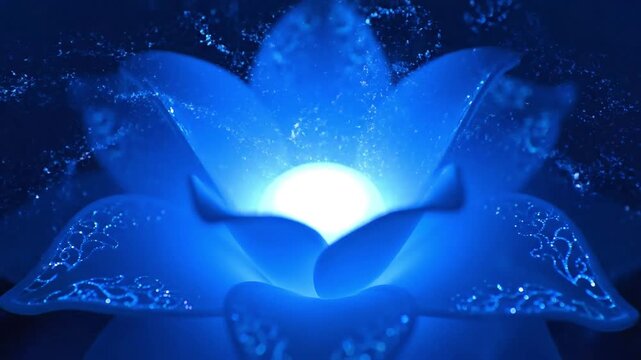 A glowing blue lotus flower radiates a serene and tranquil atmosphere.