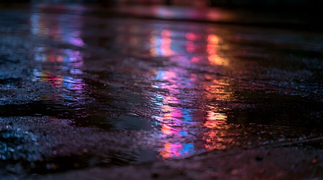 Rain slicked pavement reflects vibrant neon lights creating abstract patterns of color across wet urban surfaces at night