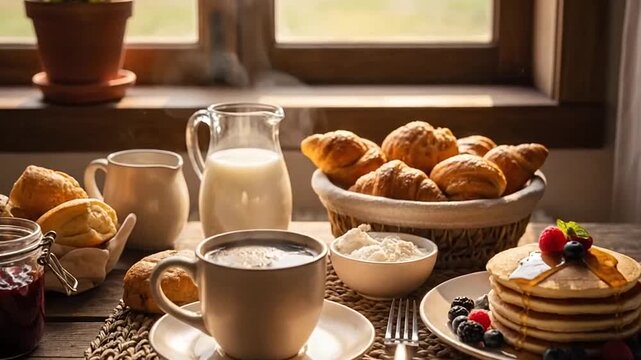 A delicious morning breakfast spread served on a wooden table