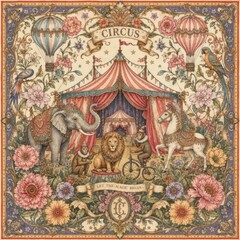 Obraz premium Vintage circus illustration with animals, floral motifs, and hot air balloons.