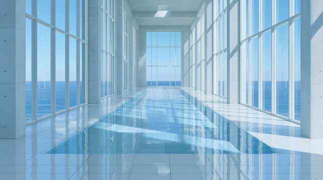 Narrow indoor pool hallway facing ocean through glass walls.
