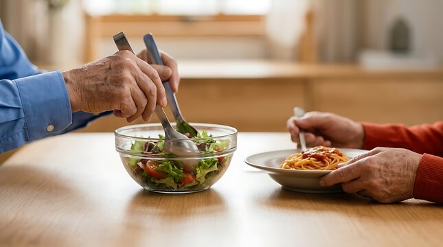 Elderly person serving fresh salad with metal tongs into a glass bowl while sitting at a wooden table with a plate of spaghetti for dinner time