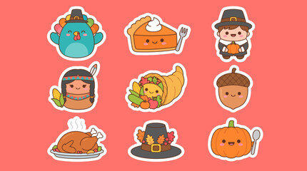 Cute thanksgiving vector illustration set featuring colorful kawaii icons like turkey pie pilgrim cornucopia acorn and pumpkin on coral background © Firdaus