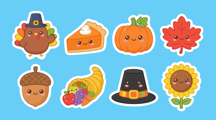 Cute thanksgiving vector sticker collection featuring a turkey pumpkin pie acorn cornucopia maple leaf pilgrim hat and a sunflower illustration © Firdaus