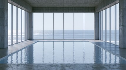 Naklejka premium Empty minimalist indoor pool with large ocean windows.