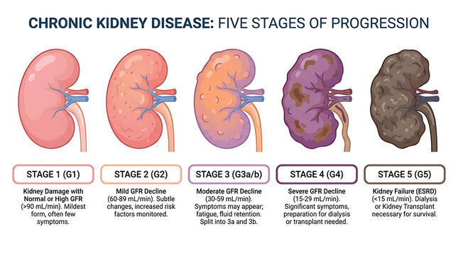 Detailed chronic kidney disease progression chart with five medical stages