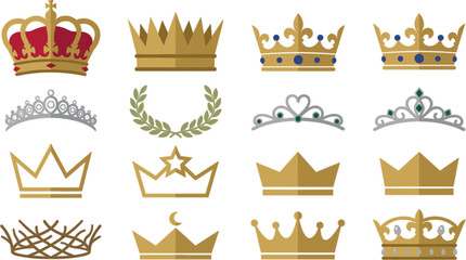 Royal gold crown vector icon set featuring king queen tiara diadem laurel wreath and princess crown flat graphic design illustrations © MST
