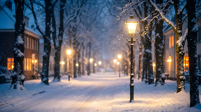 Street lamp lighting a snowy park path at night during a winter snowfall with glowing lights in the background