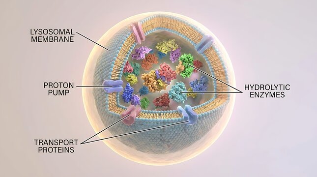 Lysosome cellular organelle diagram showing hydrolytic enzymes and proton pumps