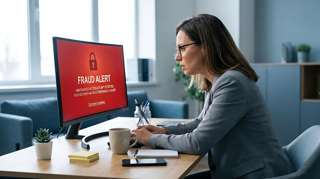 Concerned woman sitting at desk looking at a computer screen displaying a red fraud alert warning message, cybersecurity and online safety concept