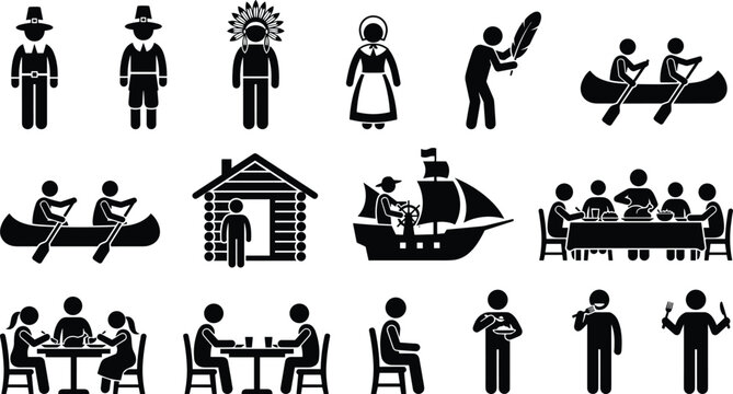 Thanksgiving holiday icons set featuring pilgrims, native americans, log cabin, mayflower ship, and festive dinner feast