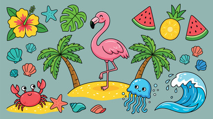Tropical summer beach vacation vector illustration set with cute pink flamingo palm trees ocean wave crab jellyfish hibiscus flower pineapple and watermelon slices © Lili Begum