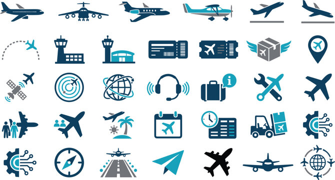 Aviation and airport travel flat icons set with commercial airplane passenger jet control tower boarding pass passport luggage radar and flight navigation symbols vector illustration