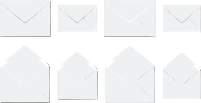 Blank paper envelope mockups set with realistic shadows open and closed white mail covers and post letter templates for wedding stationery invitation design vector
