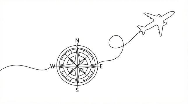  Continuous line art airplane and compass vector illustration with flight path trail isolated on white background