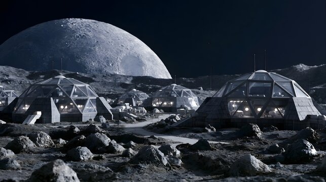 A futuristic lunar base featuring multiple transparent dome habitats nestled among rocky terrain under a massive moon