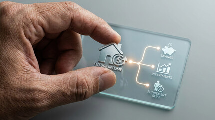 Obraz premium Future income retirement strategy savings investment goal concept with hand holding transparent card and financial icons