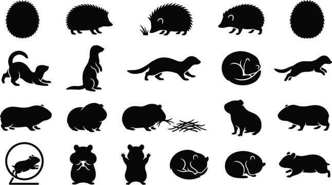 Collection of Professional Black Silhouette Icons Featuring Various Small Pets, Hedgehogs, Hamsters, and Weasels