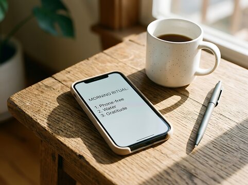 Smartphone with To-Do List, Coffee, and Pen on Wooden Table.