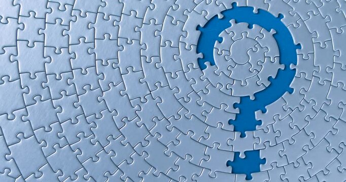 Gray circular puzzles stacked on blue background. Female hand is putting down piece, creating question mark sign. Suspense, obscurity, problem, issue, task, business solution decision search concept.