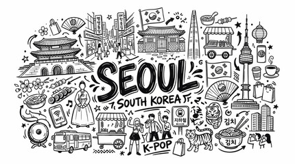 Fototapeta premium Seoul South Korea Travel Landmarks in Black and White Hand Drawn Doodle Style
