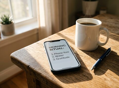 Morning Ritual on Phone Screen with Coffee and Pen on Wooden Table.