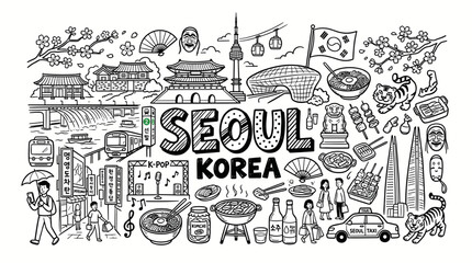Fototapeta premium Seoul South Korea Travel Landmarks in Black and White Hand Drawn Doodle Style