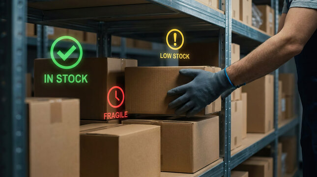 Smart inventory management helps track stock levels efficiently with clear labels for fragile items and low stock alerts in warehouse environment ensuring smooth operations