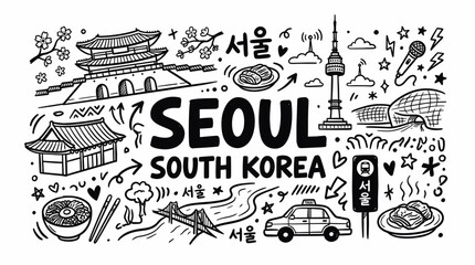 Fototapeta premium Seoul South Korea Travel Landmarks in Black and White Hand Drawn Doodle Style