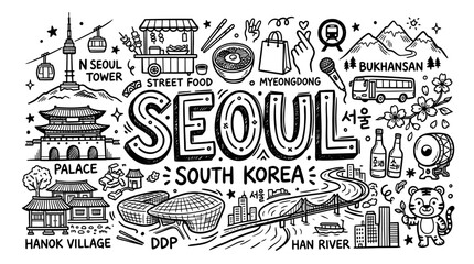 Obraz premium Seoul South Korea Travel Landmarks in Black and White Hand Drawn Doodle Style