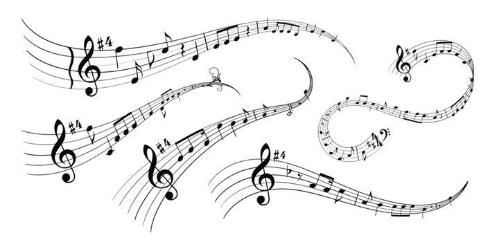 Collection of black and white musical staves with swirling lines, treble clefs, and various musical notes including quarter, eighth, and sixteenth notes