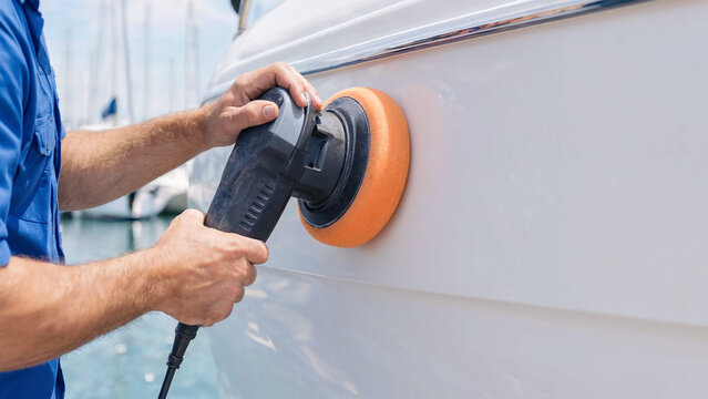 Marine technician polishing yacht hull with rotary buffer, seasonal commissioning in marina, gelcoat restoration, oxidized fiberglass repair, uv protection coating, boat detailing workflow