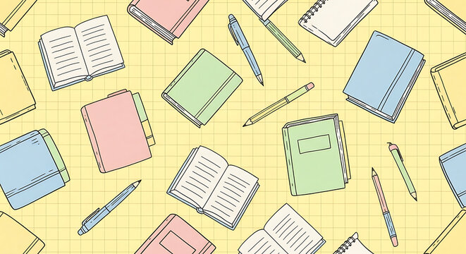 Seamless pattern of hand drawn notebooks and pens on yellow grid paper background, cute school stationery, for academic projects