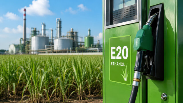 Ethanol E20 fuel dispenser at green energy station in front of sugarcane fields, renewable biofuel industry, sustainable agriculture, eco-friendly fuel technology