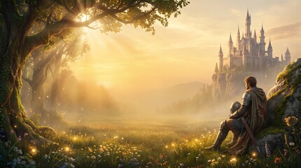 A lone knight resting in a sunlit meadow looking towards a majestic castle on a hill. © Irham