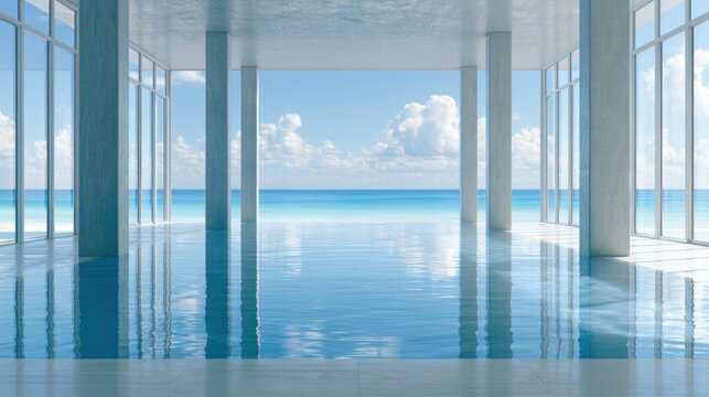 Modern interior with columns and reflective indoor pool floor.